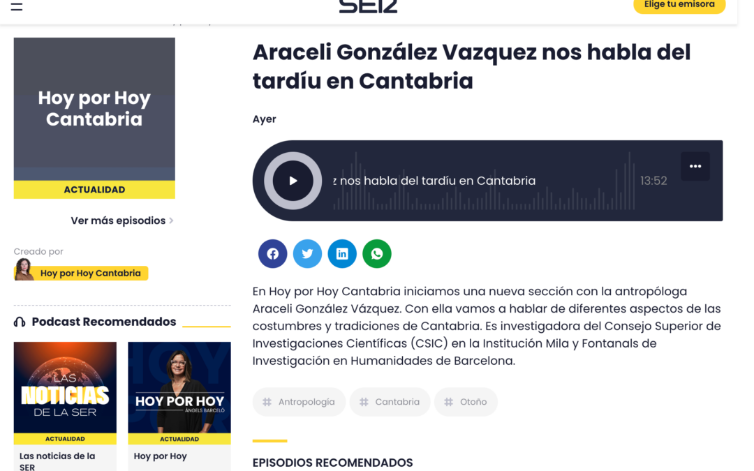 Araceli González Vázquez (DIVERSE, IMF-CSIC) colaborará en una sección sobre cultura de Cantabria en el programa «Hoy por Hoy Cantabria» de la Cadena SER
